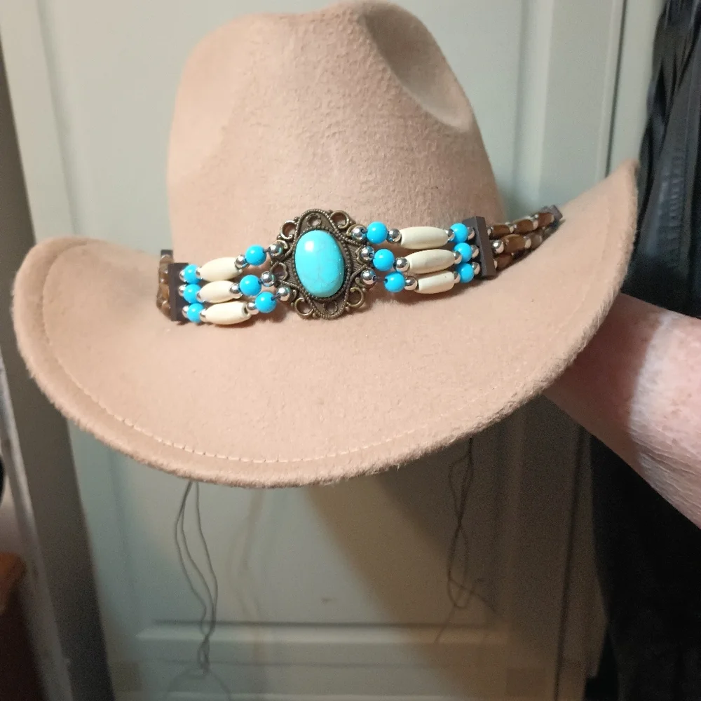 Tan Western Hat with Turquoise and Brown Beaded Band - Picture 9 of 9